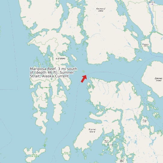 Map of Mariposa Reef, 3 mi south of (depth 46 ft), Sumner Strait, Alaska Current Prediction Station