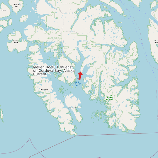 Map of Mellen Rock, 1 mi east of, Cordova Bay, Alaska Current Prediction Station