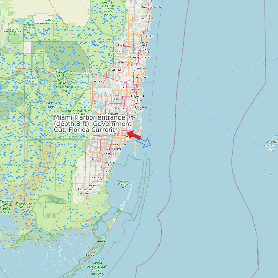 Map of Miami Harbor entrance (depth 8 ft), Government Cut, Florida Current Prediction Station
