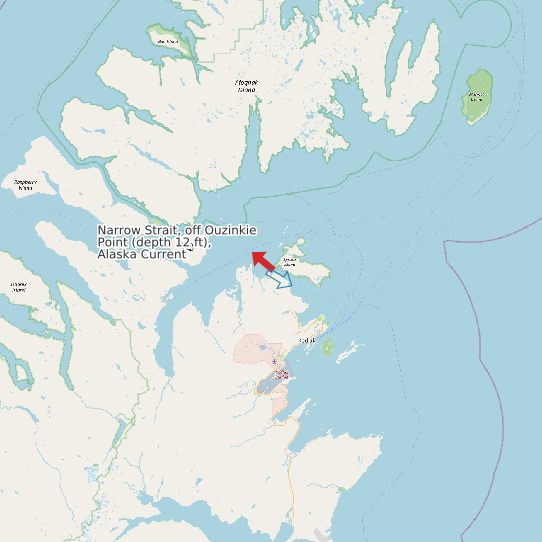 Map of Narrow Strait, off Ouzinkie Point (depth 12 ft), Alaska Current Prediction Station