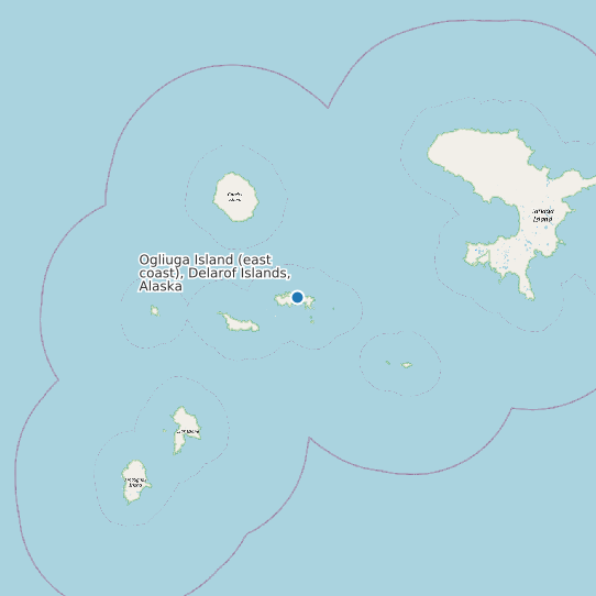 Ogliuga Island (east coast), Delarof Islands, Alaska map