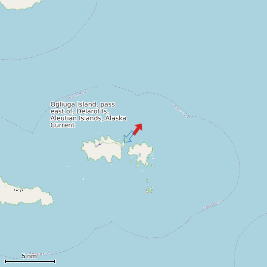 Map of Ogliuga Island, pass east of, Delarof Is, Aleutian Islands, Alaska Current Prediction Station