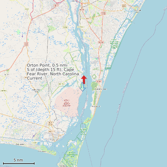 Map of Orton Point, 0.5 nmi S of (depth 15 ft), Cape Fear River, North Carolina Current Prediction Station