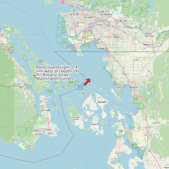 Map of Patos Island Light, 1.4 nmi west of (depth 191 ft), Rosario Strait, Washington Current Prediction Station