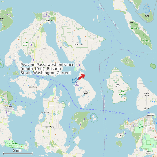 Map of Peavine Pass, west entrance (depth 19 ft), Rosario Strait, Washington Current Prediction Station