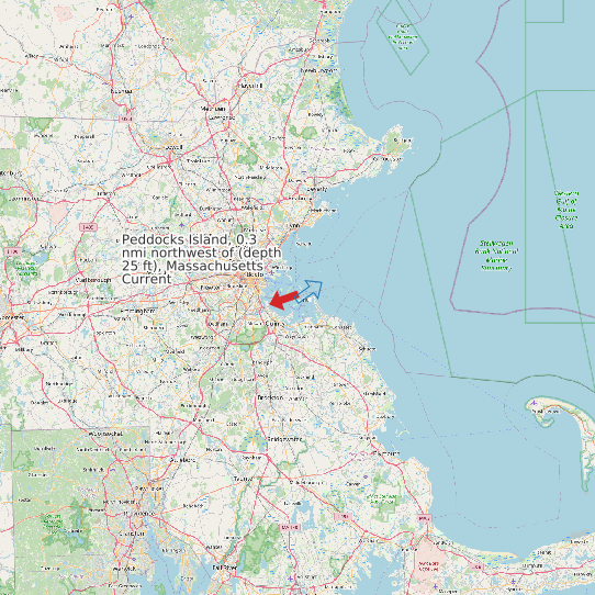 Map of Peddocks Island, 0.3 nmi northwest of (depth 25 ft), Massachusetts Current Prediction Station