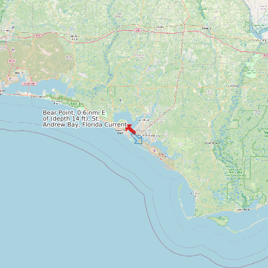 Map of Bear Point, 0.6 nmi E of (depth 14 ft), St. Andrew Bay, Florida Current Prediction Station