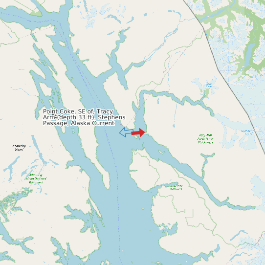 Map of Point Coke, SE of, Tracy Arm (depth 33 ft), Stephens Passage, Alaska Current Prediction Station