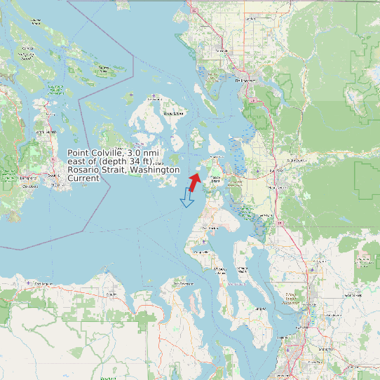 Map of Point Colville, 3.0 nmi east of (depth 34 ft), Rosario Strait, Washington Current Prediction Station