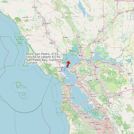 Map of Point San Pedro, 0.55 nmi SE of (depth 63 ft), San Pablo Bay, California Current Prediction Station