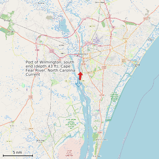 Map of Port of Wilmington, south end (depth 43 ft), Cape Fear River, North Carolina Current Prediction Station