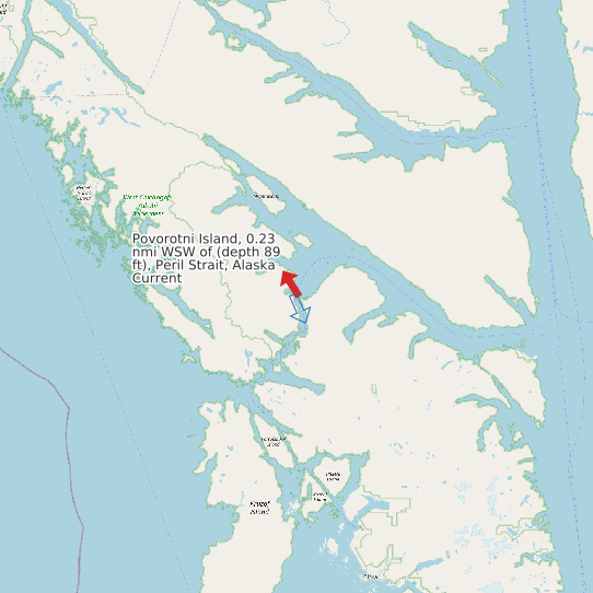 Map of Povorotni Island, 0.23 nmi WSW of (depth 89 ft), Peril Strait, Alaska Current Prediction Station
