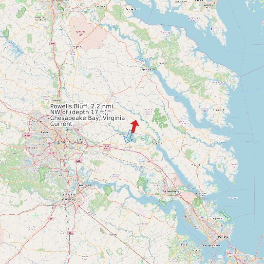 Map of Powells Bluff, 2.2 nmi NW of (depth 17 ft), Chesapeake Bay, Virginia Current Prediction Station