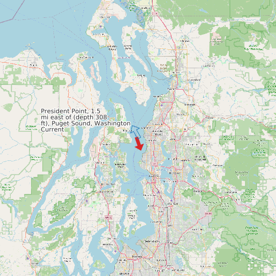Map of President Point, 1.5 mi east of (depth 308 ft), Puget Sound, Washington Current Prediction Station