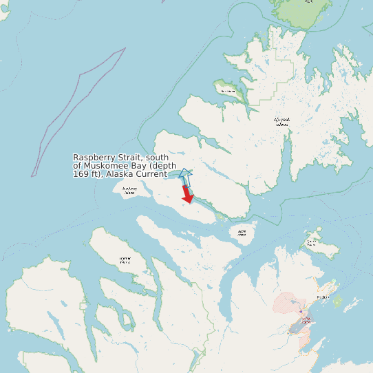 Map of Raspberry Strait, south of Muskomee Bay (depth 169 ft), Alaska Current Prediction Station