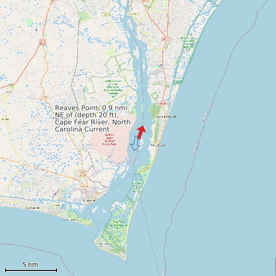 Map of Reaves Point, 0.9 nmi NE of (depth 20 ft), Cape Fear River, North Carolina Current Prediction Station