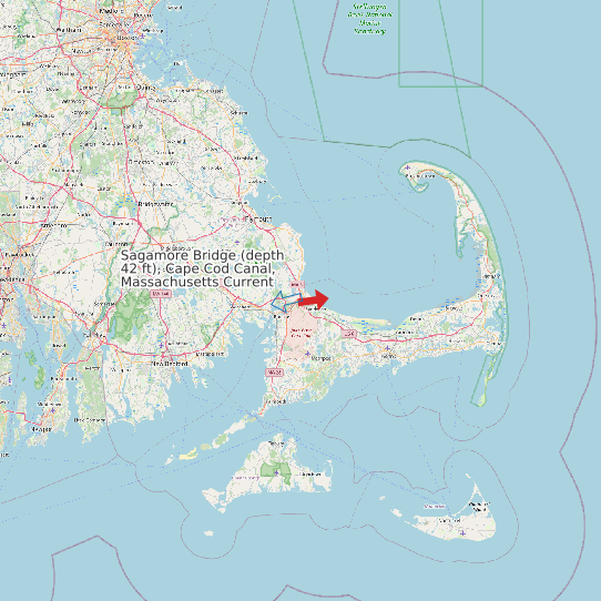 Map of Sagamore Bridge (depth 42 ft), Cape Cod Canal, Massachusetts Current Prediction Station