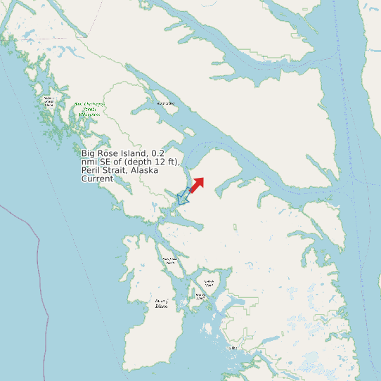 Map of Big Rose Island, 0.2 nmi SE of (depth 12 ft), Peril Strait, Alaska Current Prediction Station