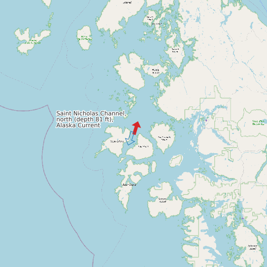 Map of Saint Nicholas Channel, north (depth 81 ft), Alaska Current Prediction Station