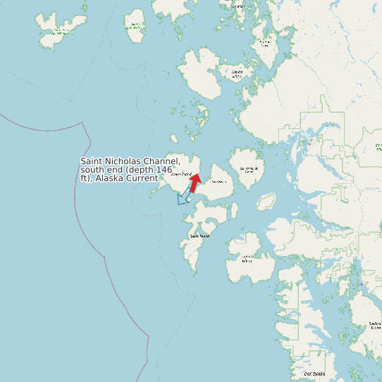 Saint Nicholas Channel, south end (depth 146 ft), Alaska Current map