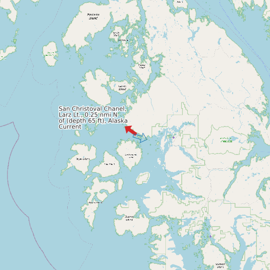 Map of San Christoval Chanel, Larz Lt., 0.25 nmi N of (depth 65 ft), Alaska Current Prediction Station
