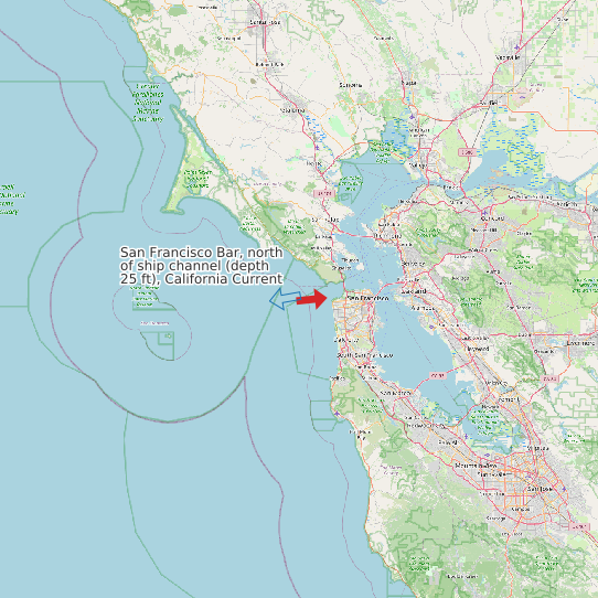 Map of San Francisco Bar, north of ship channel (depth 25 ft), California Current Prediction Station