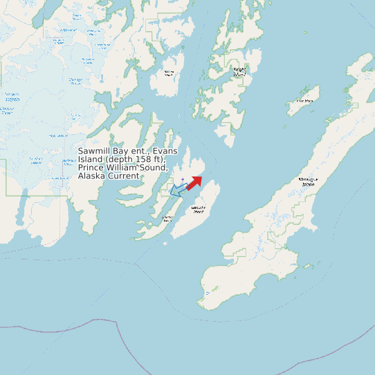 Map of Sawmill Bay ent., Evans Island (depth 158 ft), Prince William Sound, Alaska Current Prediction Station