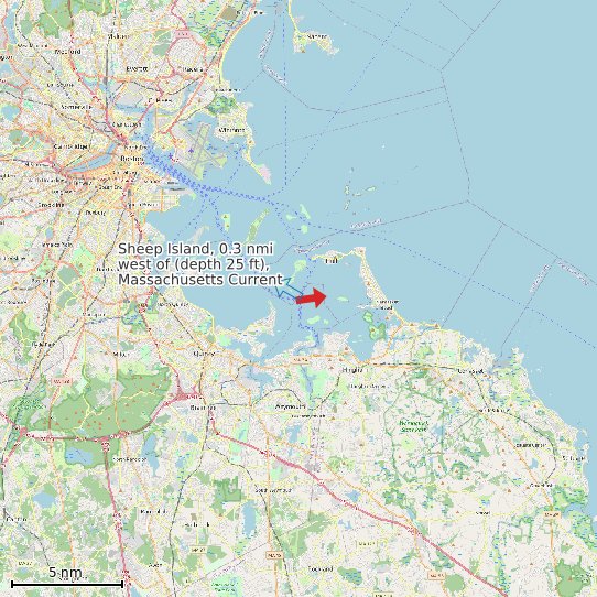 Map of Sheep Island, 0.3 nmi west of (depth 25 ft), Massachusetts Current Prediction Station
