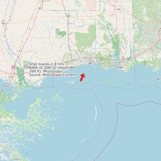 Map of Ship Island, 1.8 nmi NNW of, DM 32 (depth 399 ft), Mississippi Sound, Mississippi Current Prediction Station