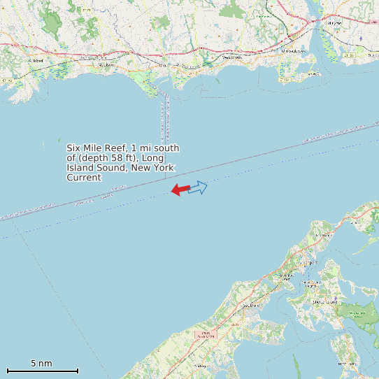 Map of Six Mile Reef, 1 mi south of (depth 58 ft), Long Island Sound, New York Current Prediction Station