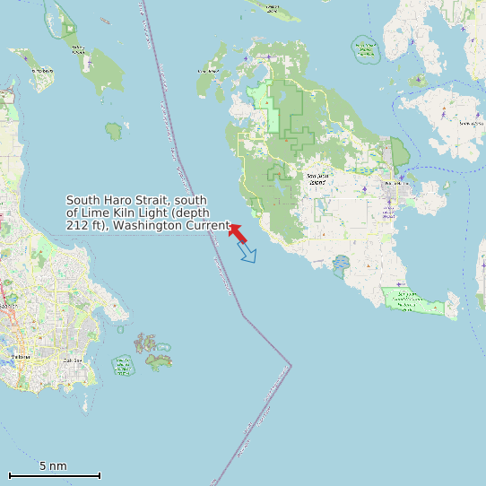 Map of South Haro Strait, south of Lime Kiln Light (depth 212 ft), Washington Current Prediction Station