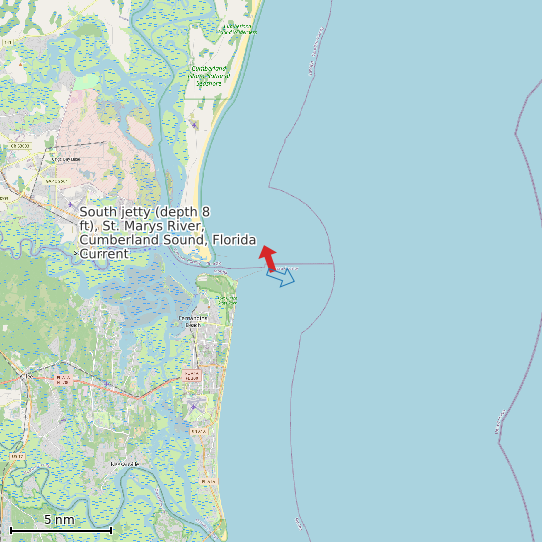 Map of South jetty (depth 8 ft), St. Marys River, Cumberland Sound, Florida Current Prediction Station