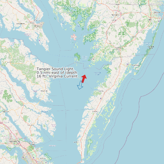 Map of Tangier Sound Light, 0.5 nmi east of (depth 16 ft), Virginia Current Prediction Station
