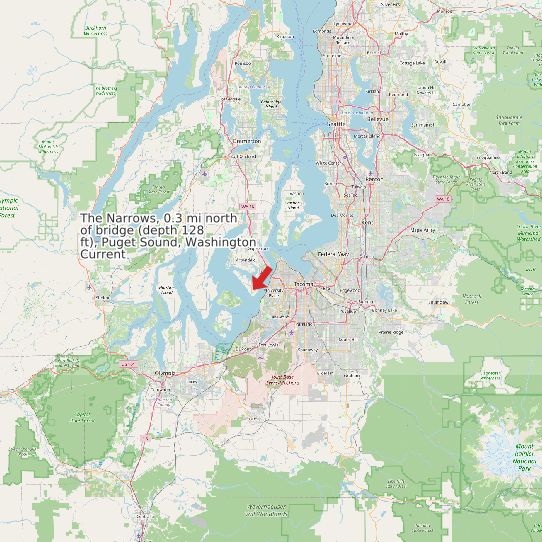 Map of The Narrows, 0.3 mi north of bridge (depth 128 ft), Puget Sound, Washington Current Prediction Station