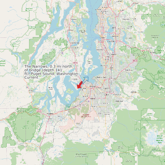 Map of The Narrows, 0.3 mi north of bridge (depth 141 ft), Puget Sound, Washington Current Prediction Station