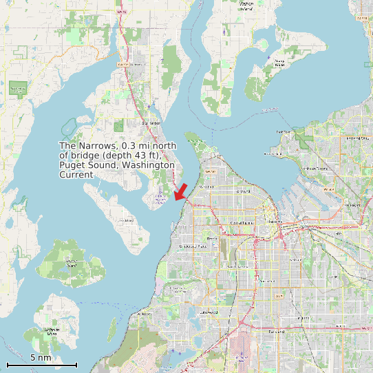 Map of The Narrows, 0.3 mi north of bridge (depth 43 ft), Puget Sound, Washington Current Prediction Station