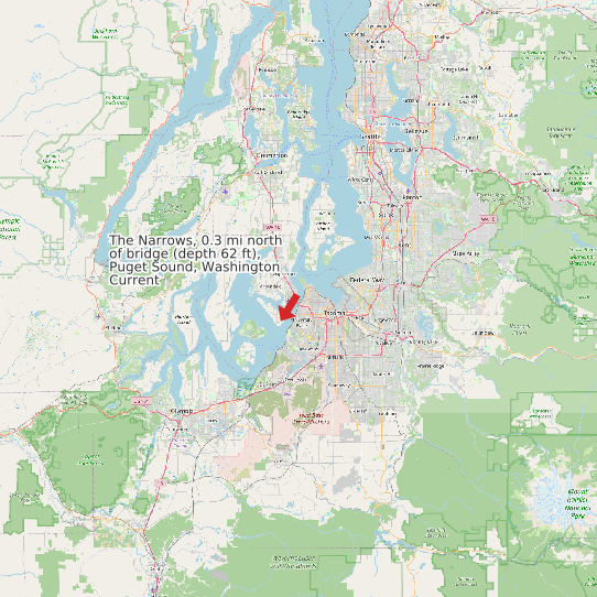 Map of The Narrows, 0.3 mi north of bridge (depth 62 ft), Puget Sound, Washington Current Prediction Station