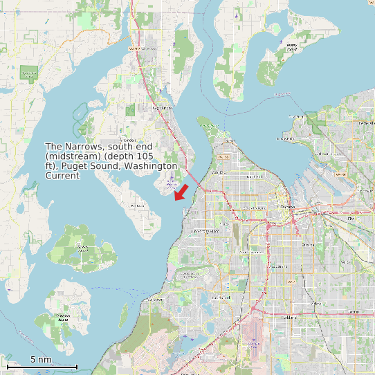 Map of The Narrows, south end (midstream) (depth 105 ft), Puget Sound, Washington Current Prediction Station