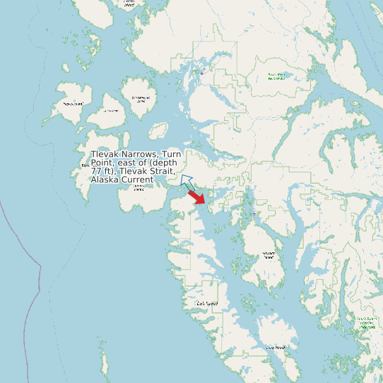 Map of Tlevak Narrows, Turn Point, east of (depth 77 ft), Tlevak Strait, Alaska Current Prediction Station