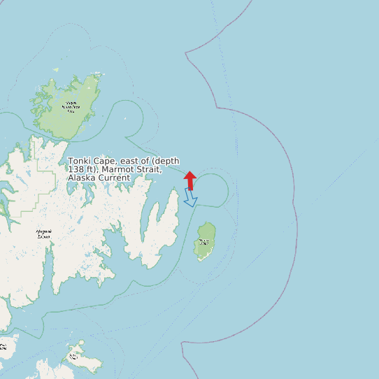 Map of Tonki Cape, east of (depth 138 ft), Marmot Strait, Alaska Current Prediction Station
