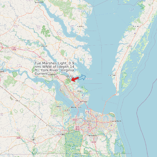 Map of Tue Marshes Light, 0.9 nmi WNW of (depth 14 ft), York River, Virginia Current Prediction Station