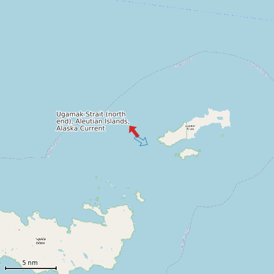Map of Ugamak Strait (north end), Aleutian Islands, Alaska Current Prediction Station