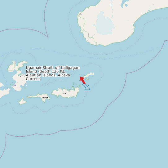 Ugamak Strait, off Kaligagan Island (depth 126 ft), Aleutian Islands, Alaska Current map