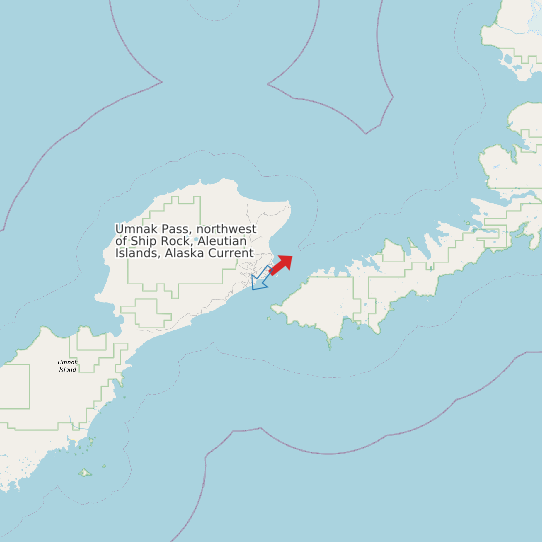 Map of Umnak Pass, northwest of Ship Rock, Aleutian Islands, Alaska Current Prediction Station
