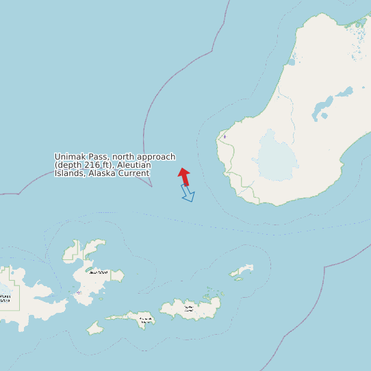 Map of Unimak Pass, north approach (depth 216 ft), Aleutian Islands, Alaska Current Prediction Station