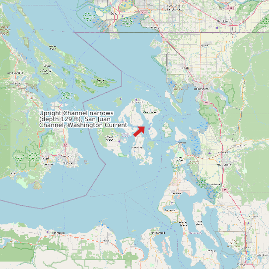 Map of Upright Channel narrows (depth 129 ft), San Juan Channel, Washington Current Prediction Station