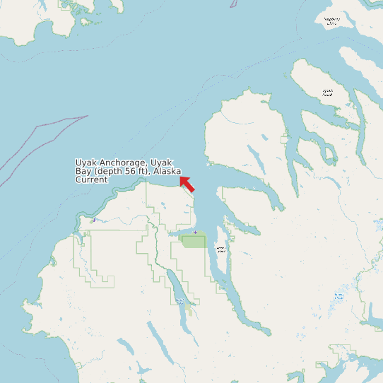 Map of Uyak Anchorage, Uyak Bay (depth 56 ft), Alaska Current Prediction Station