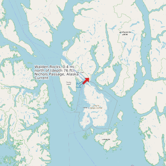 Map of Walden Rocks, 0.4 mi north of (depth 76 ft), Nichols Passage, Alaska Current Prediction Station