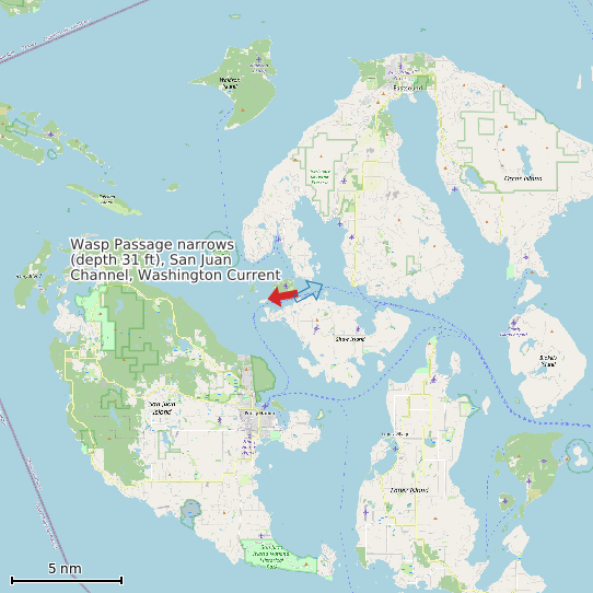 Map of Wasp Passage narrows (depth 31 ft), San Juan Channel, Washington Current Prediction Station