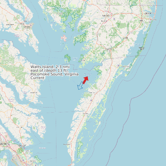 Map of Watts Island, 2.3 nmi east of (depth 13 ft), Pocomoke Sound, Virginia Current Prediction Station